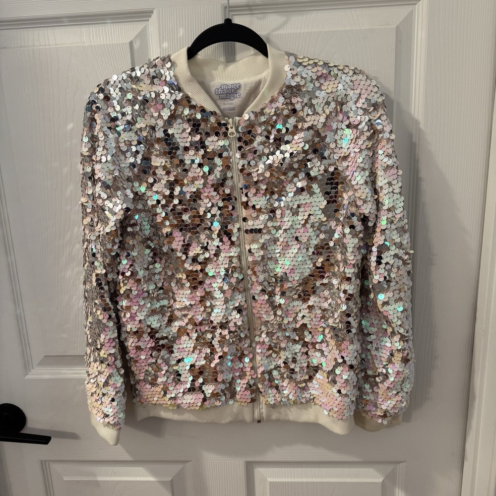 MORE THAN MAGIC Silver Pink Sequin Girls Bomber Jacket, Size‎ X-Large (14-16)